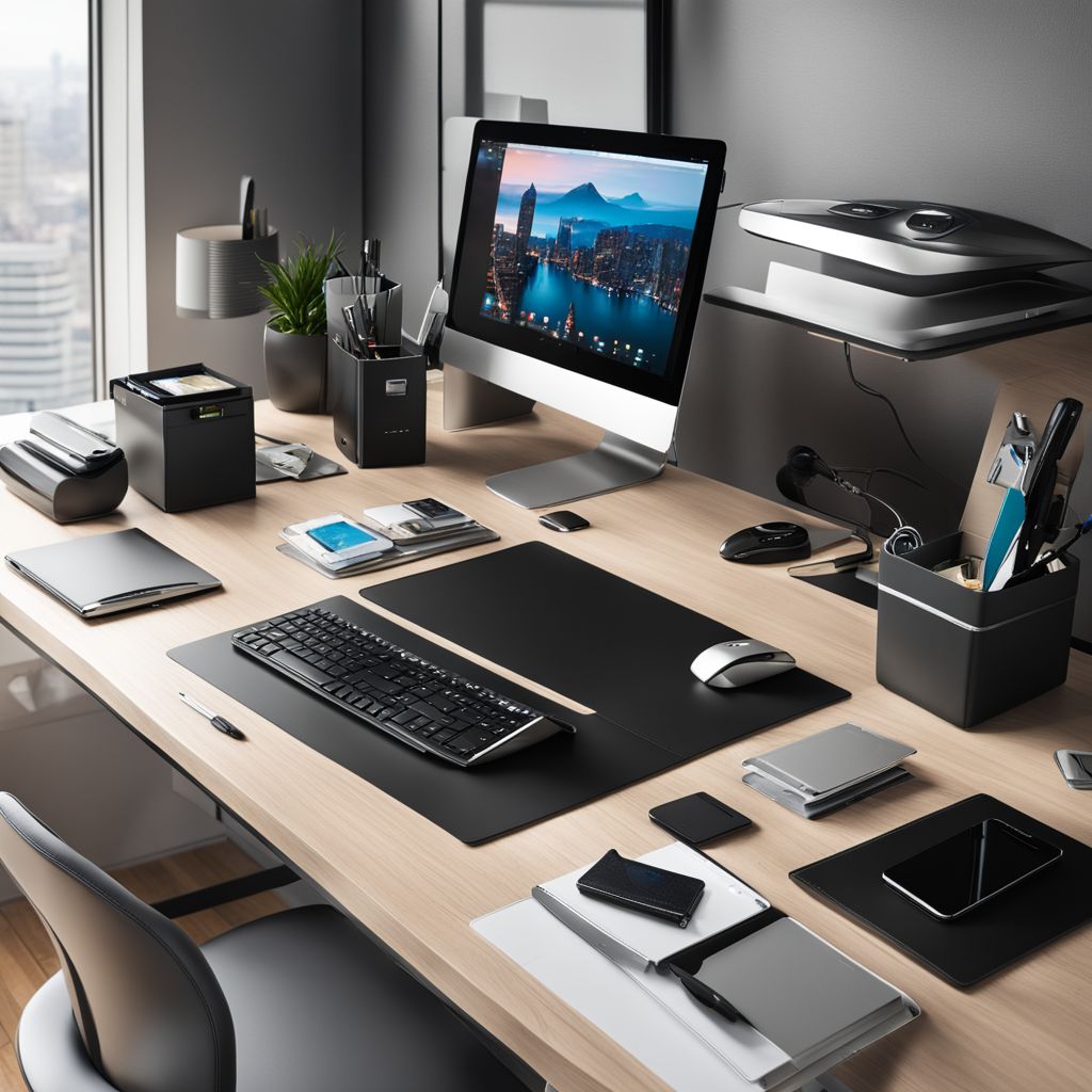 A sleek, modern desk with high-tech accessories and company swag, showcasing a stylish and functional workspace, high resolution.