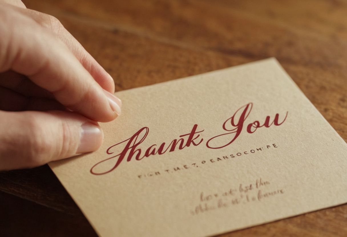 A close-up of hands exchanging a beautifully written thank you card, with a warm and cozy background, photographic style, shot in macro to capture the detail of the handwriting and texture of the card, soft natural light enhancing the intimate feel, high resolution.