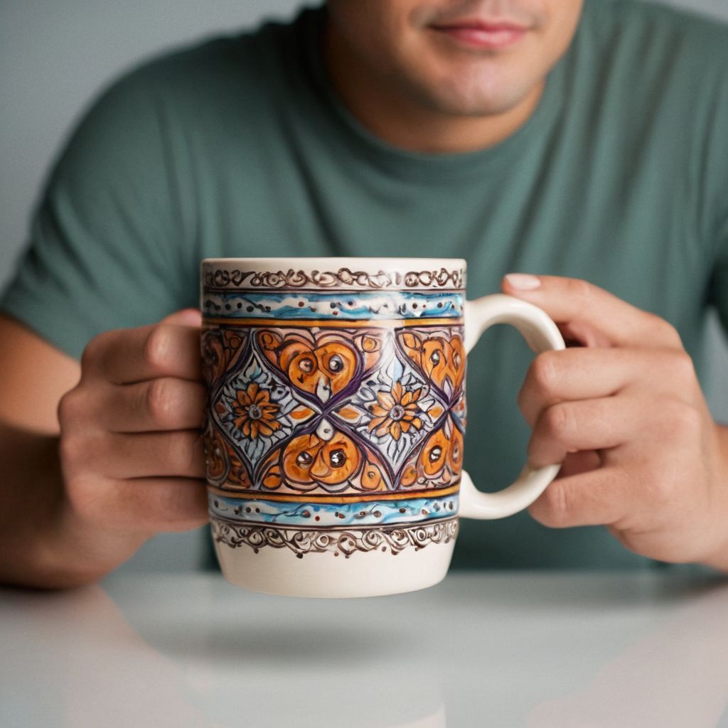 A hand holding a personalized mug with artistic designs, photographic style, close-up shot capturing the intricate details and vibrant colors of the mug, soft studio lighting highlighting the personal touch, high resolution.