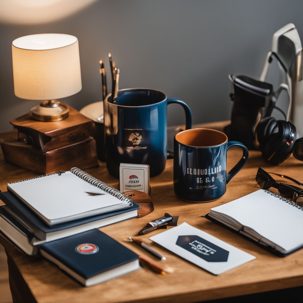 A collection of company-branded merchandise (mug, t-shirt, notebook) on a wooden desk, in a well-lit room, with a sense of belonging and pride, Photographic, focusing on the items, medium shot.