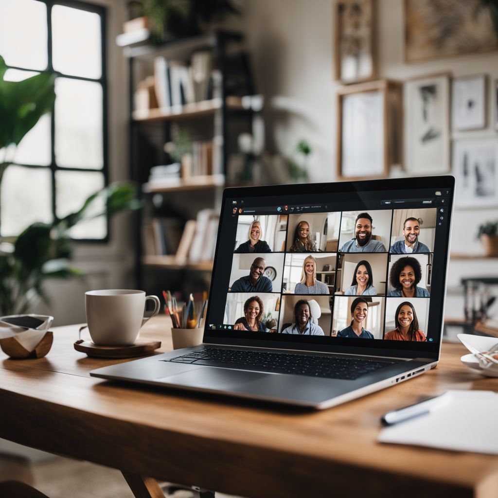A laptop on a desk showing a virtual team meeting with members smiling, in a cozy home setting, with a supportive and inclusive feel, Photographic, clear focus on the laptop screen, medium telephoto lens.