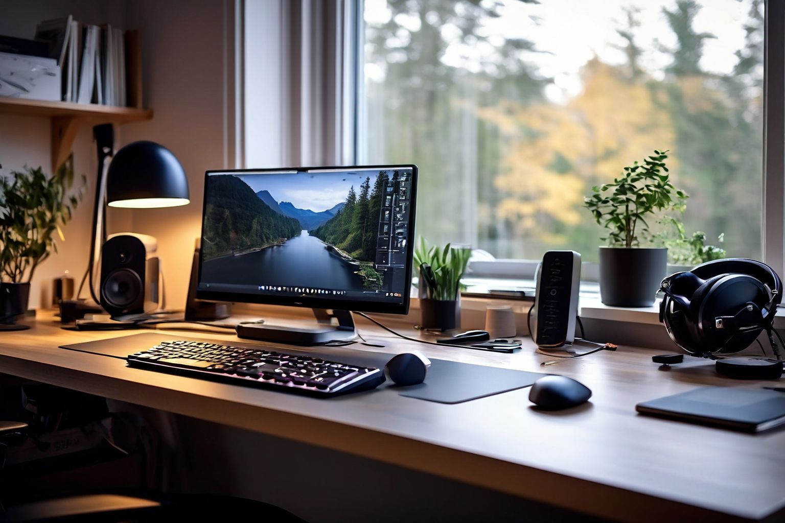 A desk with a high-tech laptop, ergonomic mouse, and headphones, in a minimalist home office, with an efficient and clean atmosphere, Photographic, focusing on the tools in detail, medium shot.