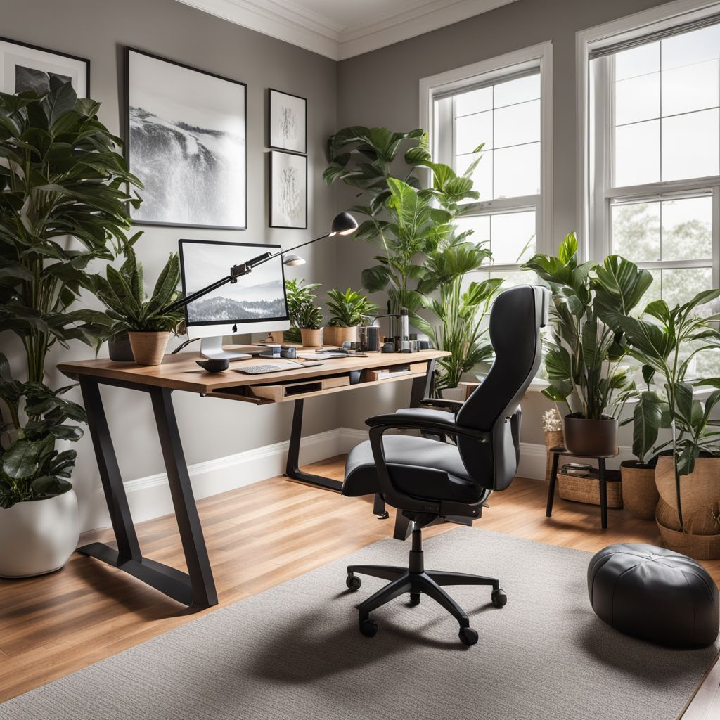 A modern home office setup with dual monitors, ergonomic chair, and plants, in a bright room, with a productive and comfortable atmosphere, Photographic, capturing the entire setup in detail, wide-angle lens.