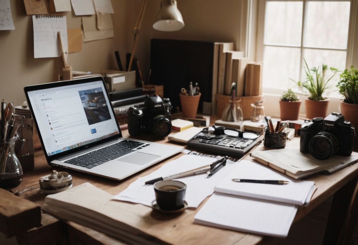 An artistically cluttered desk with a laptop, notebooks, a digital camera, and drafts of articles, creative and busy atmosphere, Photograph, with detailed capture of the creative tools in a naturally lit room.