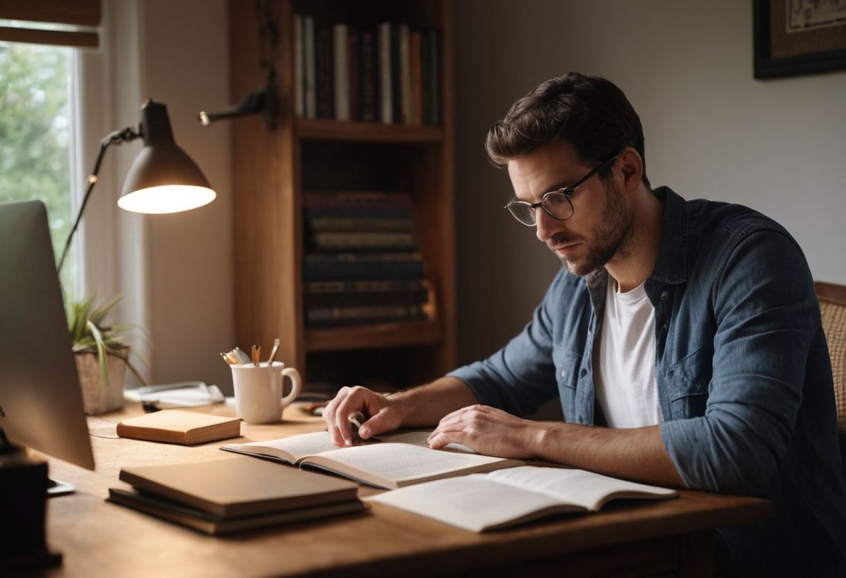 A focused individual studying from a home office with books and a laptop, in a photographic style, illuminated by soft, natural light to provide a sense of calm and concentration.