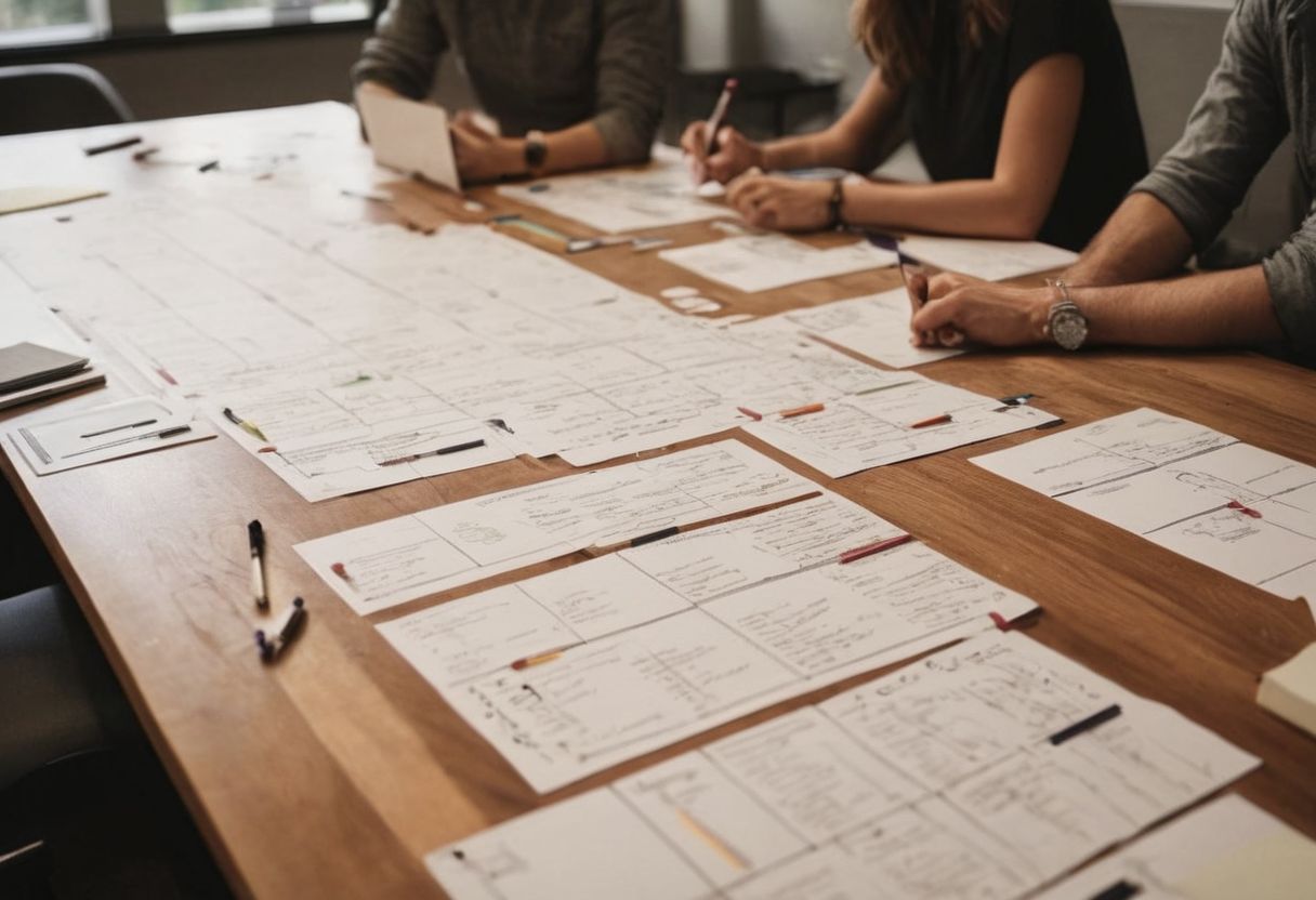 A creative roadmap spread across a long table showing different phases of the user journey, with markers and notes, in a collaborative workspace, Photographic, Detailed photography with soft lighting highlighting the roadmap.