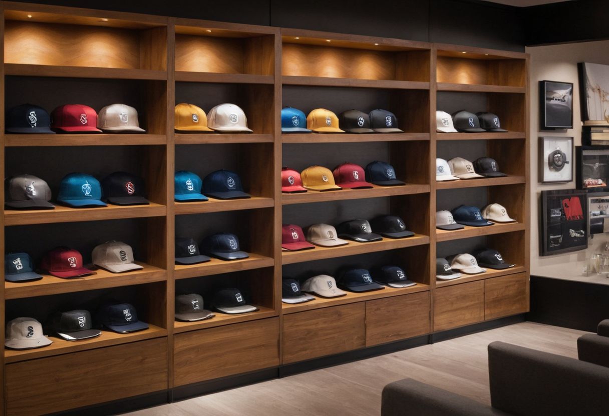Custom-designed merchandise by Merchworks displayed on a showcase shelf, highlighting the brand's focus on enhancing user engagement, in a stylish showroom, Photographic, High-resolution photography with product focus and soft lighting.