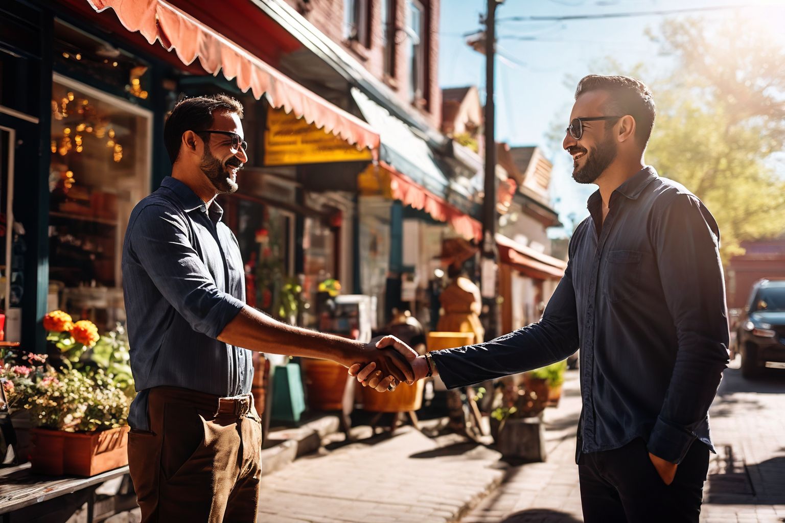 Two small business owners shaking hands in front of their shops, sunny day, street view, Photographic, medium shot with a focus on their handshake symbolizing partnership.