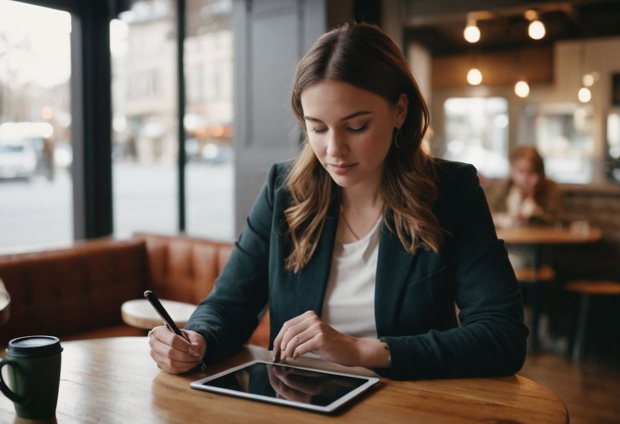 Customer writing feedback on a tablet in a cafe setting, focused individual filling out a digital form, the cafe is cozy and inviting, Photographic, captured with natural lighting to create a comfortable and realistic scene.