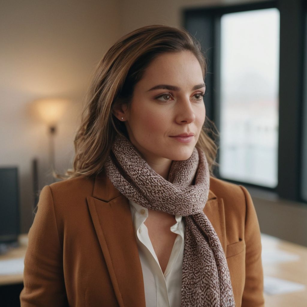 Woman in a chic winter smart casual outfit with a scarf and blazer, in a cozy office environment, Photographic, Photography with soft light and a close-up shot.