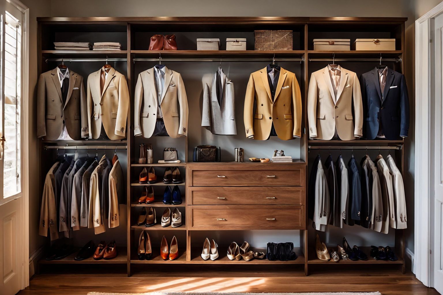 A neatly organized wardrobe with blazers, chinos, and loafers highlighted, in a bright and airy closet, Photographic, Photography with ambient light, detailed display.