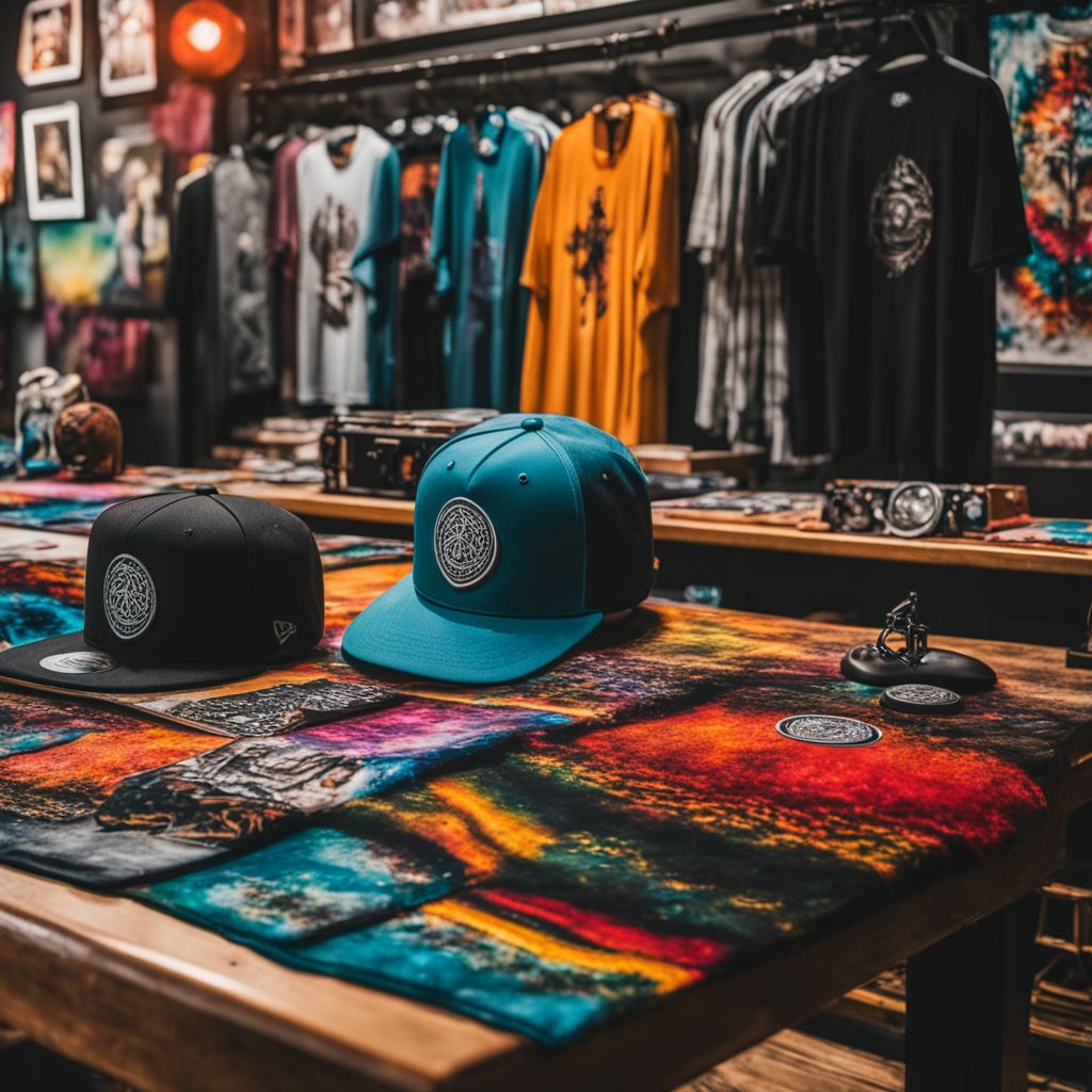 Unique and eye-catching band merchandise displayed creatively on a table, with a variety of colors and designs, Photographic, Close-up photography capturing detailed textures and vibrant colors of the merch, emphasizing the diversity and creativity in a well-lit indoor setting.