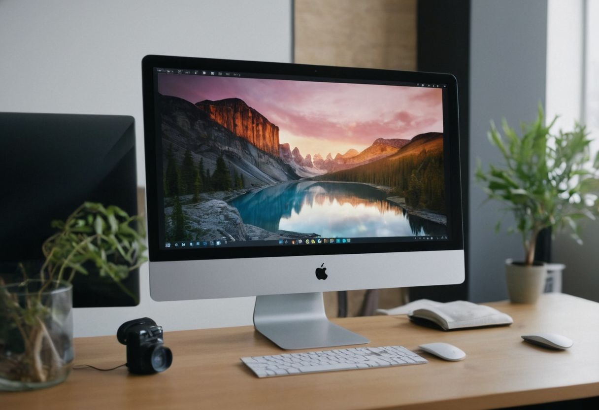 A modern, visually appealing user interface on a computer screen, showing a user-friendly design and features, in a clean and minimalistic office environment, Photographic, Photography with a macro lens focusing on the screen details with soft light.