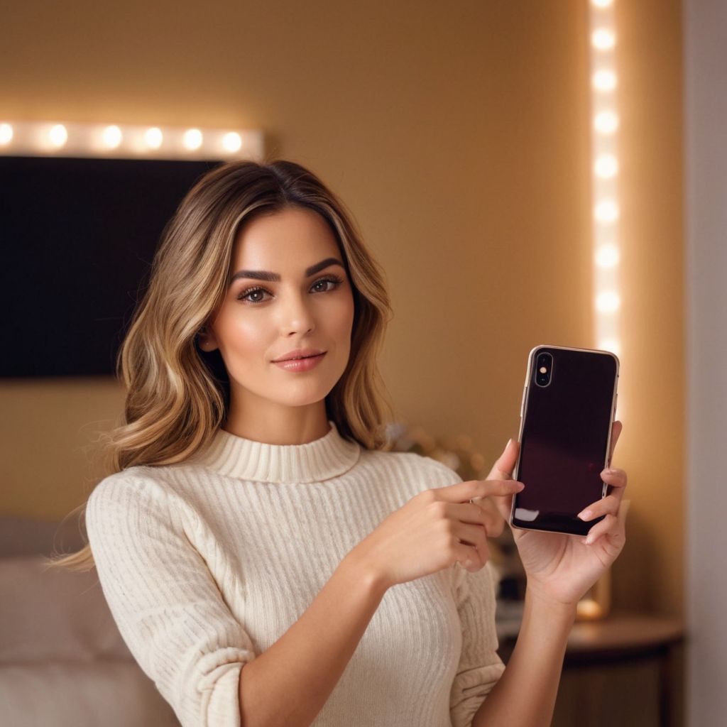 A stylish influencer holding a fashionable product, engaging with a smartphone camera, in a chic, well-decorated room with soft lighting, creating a trendy and appealing atmosphere, Photographic style, taken with a medium telephoto lens in high resolution.