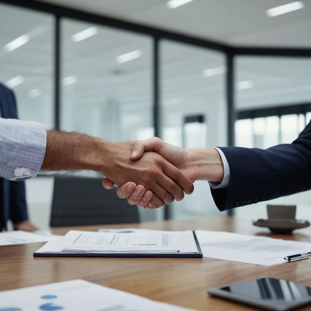 Two professionals shaking hands in a modern office, with business documents and digital devices on the table, symbolizing a partnership, Photographic style, captured in high resolution with a focus on the handshake.