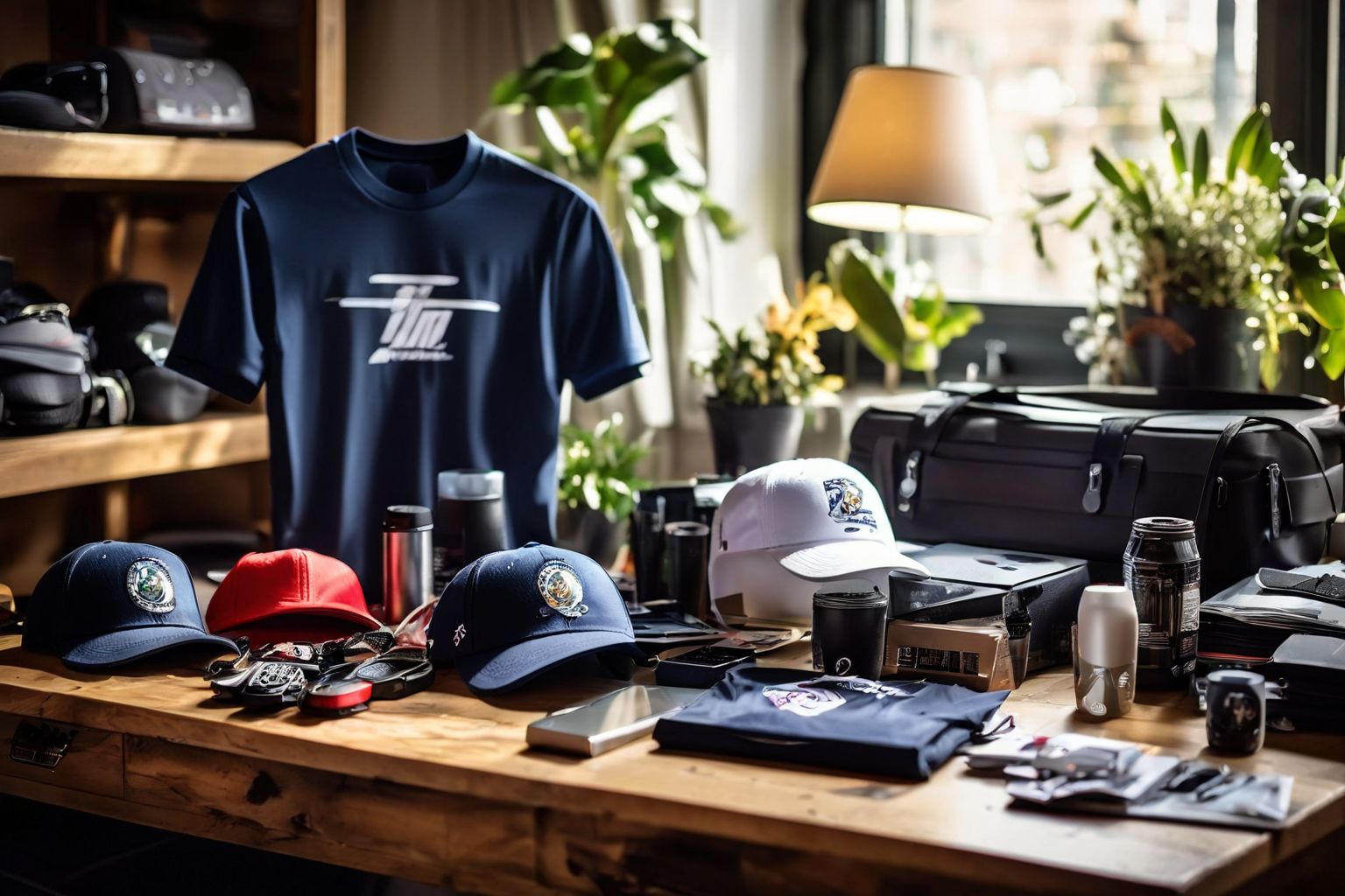 A collection of branded swag items like t-shirts and caps arranged on a wooden table, in a well-lit room, focusing on the items without displaying any logos, Photographic style, with natural lighting and high resolution.