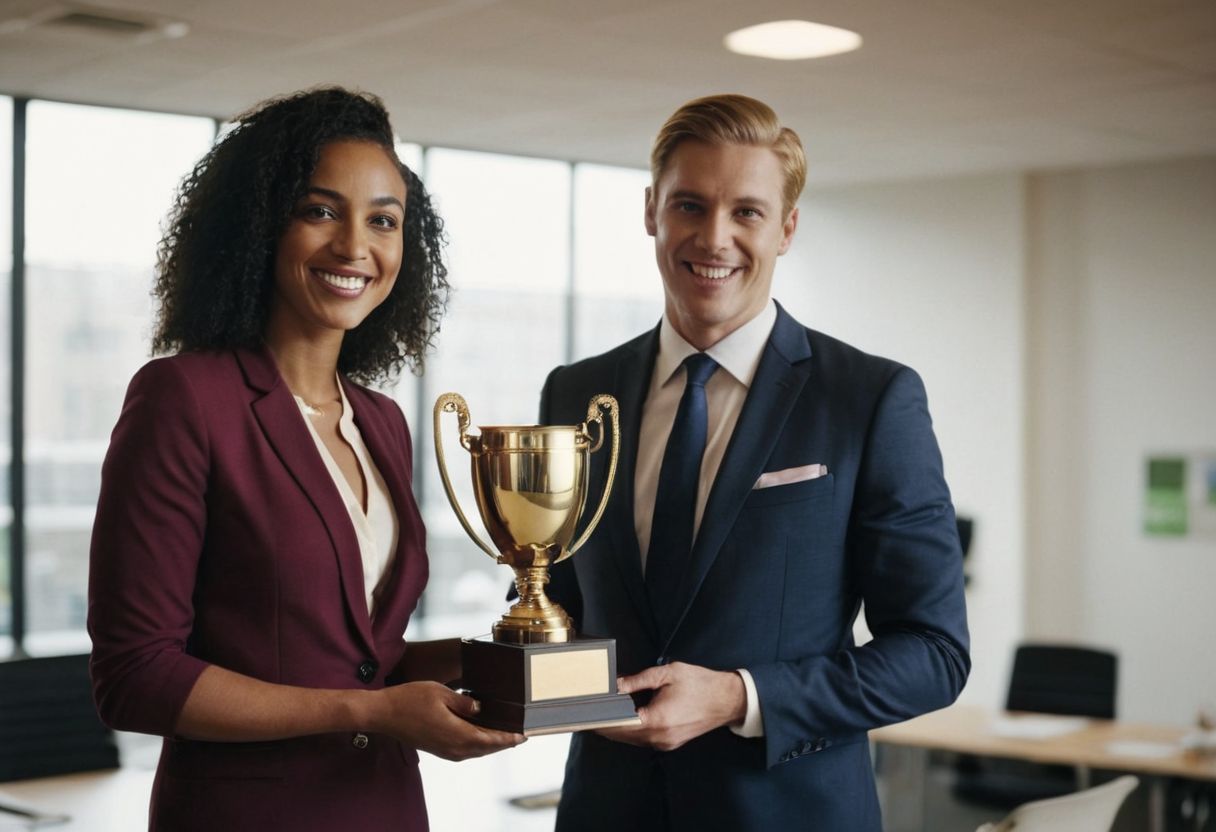 Manager handing a trophy to an employee in a well-lit office, both smiling, symbolizing appreciation, Photographic, captured in a medium shot with a 35mm lens, the lighting is soft to create a warm and inviting atmosphere.