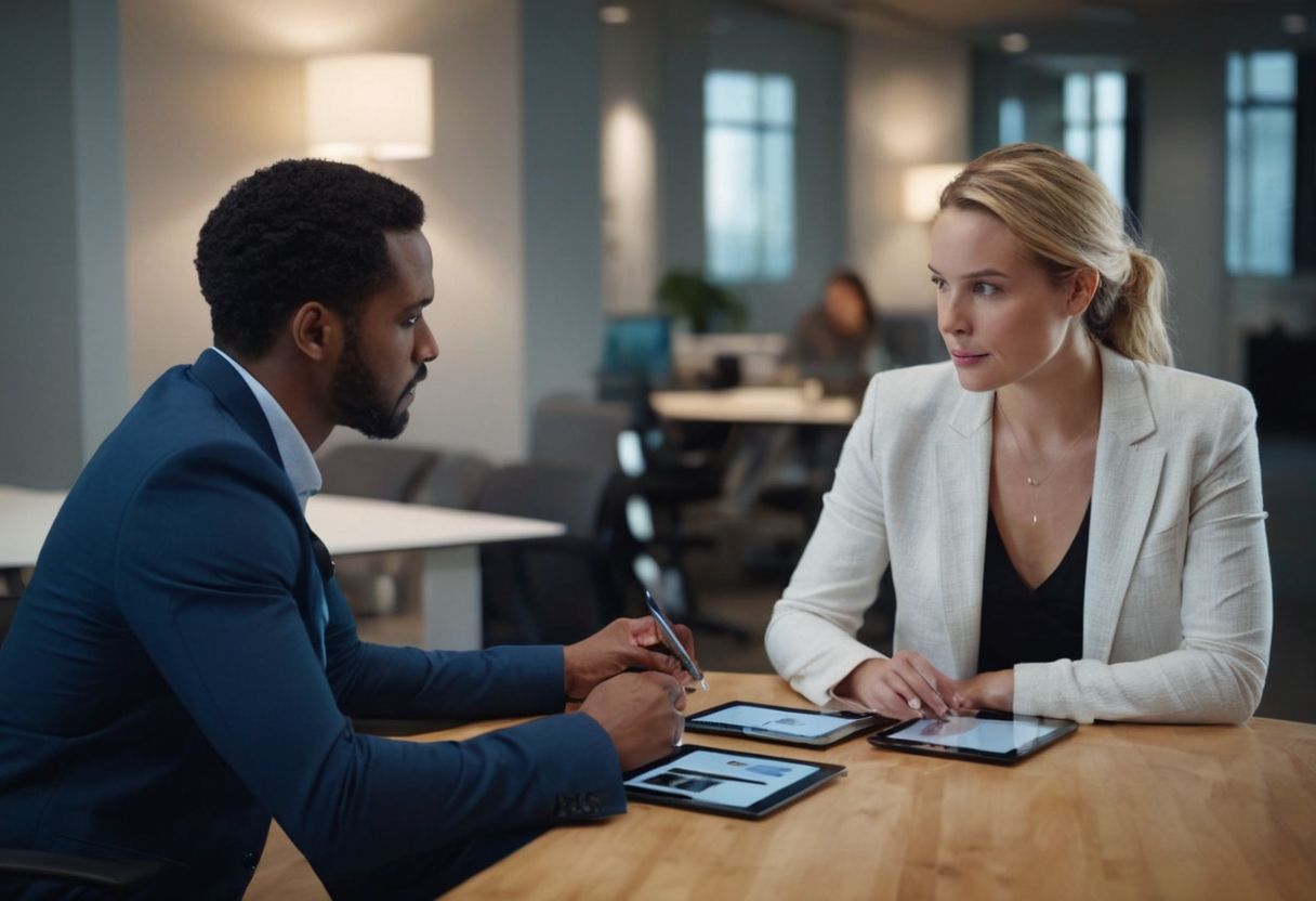 Two professionals discussing feedback with digital tablets in a modern office environment, sitting across from each other, Photographic, captured in a medium shot with natural office lighting.
