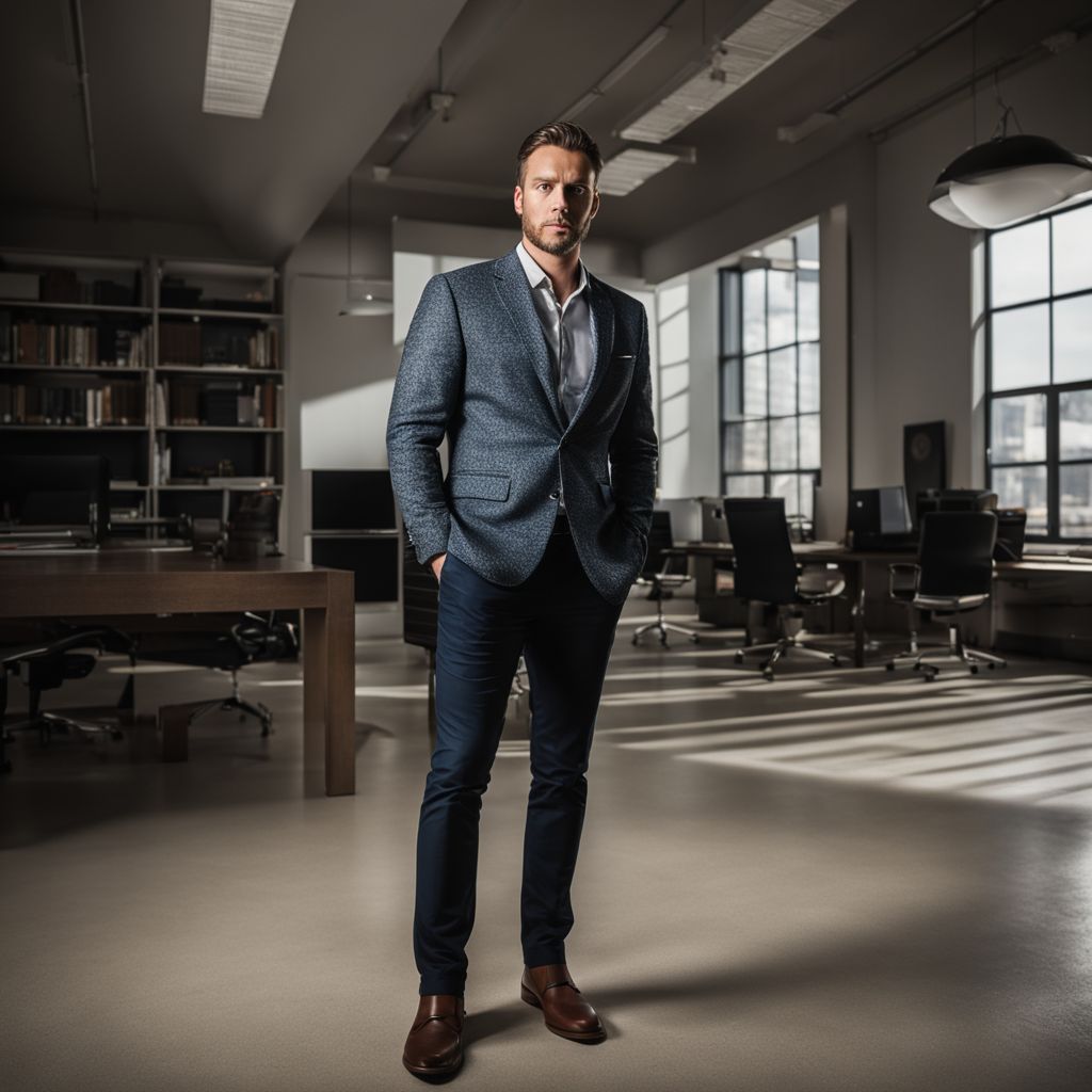 Man wearing a modern blazer in a smart casual style, standing in an office environment, focused on the texture and style of the blazer, Photographic, Photography with a wide angle lens, studio lighting.