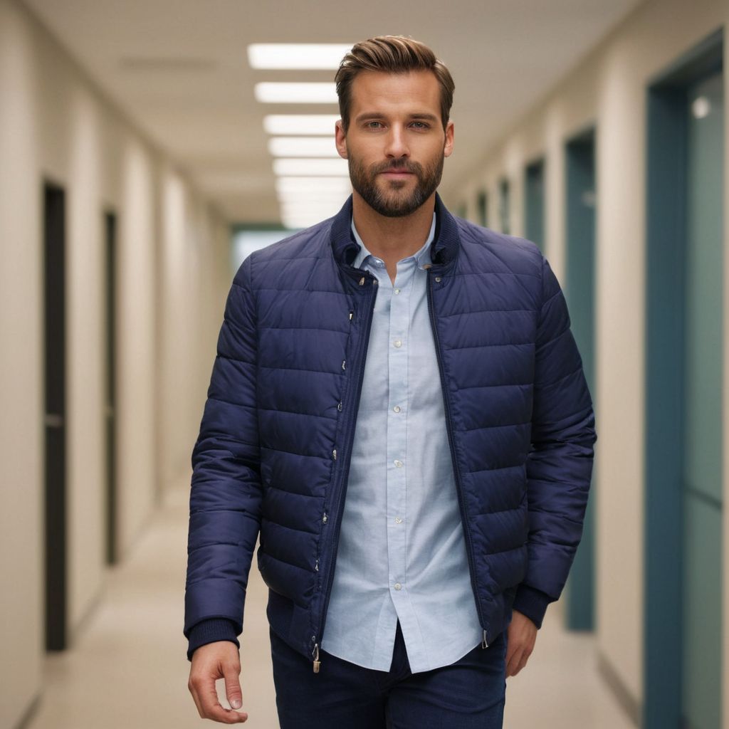 Man wearing stylish outerwear appropriate for a smart casual office, posed in an office corridor, emphasizing the outfit, Photographic, Photography with natural lighting, high resolution.