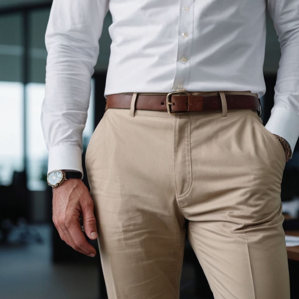 Close-up of a man wearing chinos, emphasizing the fit and fabric, in an office setting with a clean and simple background, Photographic, Photography with a macro lens, detailed.