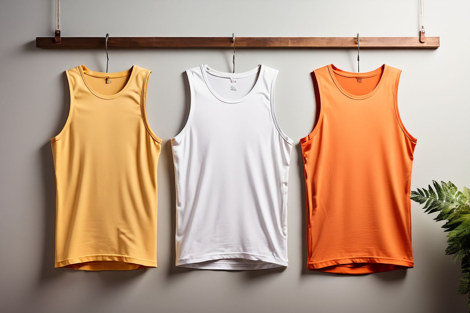 Several stylish tank tops displayed against a clean, neutral background, each featuring unique, fashionable designs suitable for athletic or casual wear, photographed under natural light to capture the lightweight fabric texture, Photographic, Photography with natural lighting and soft focus.