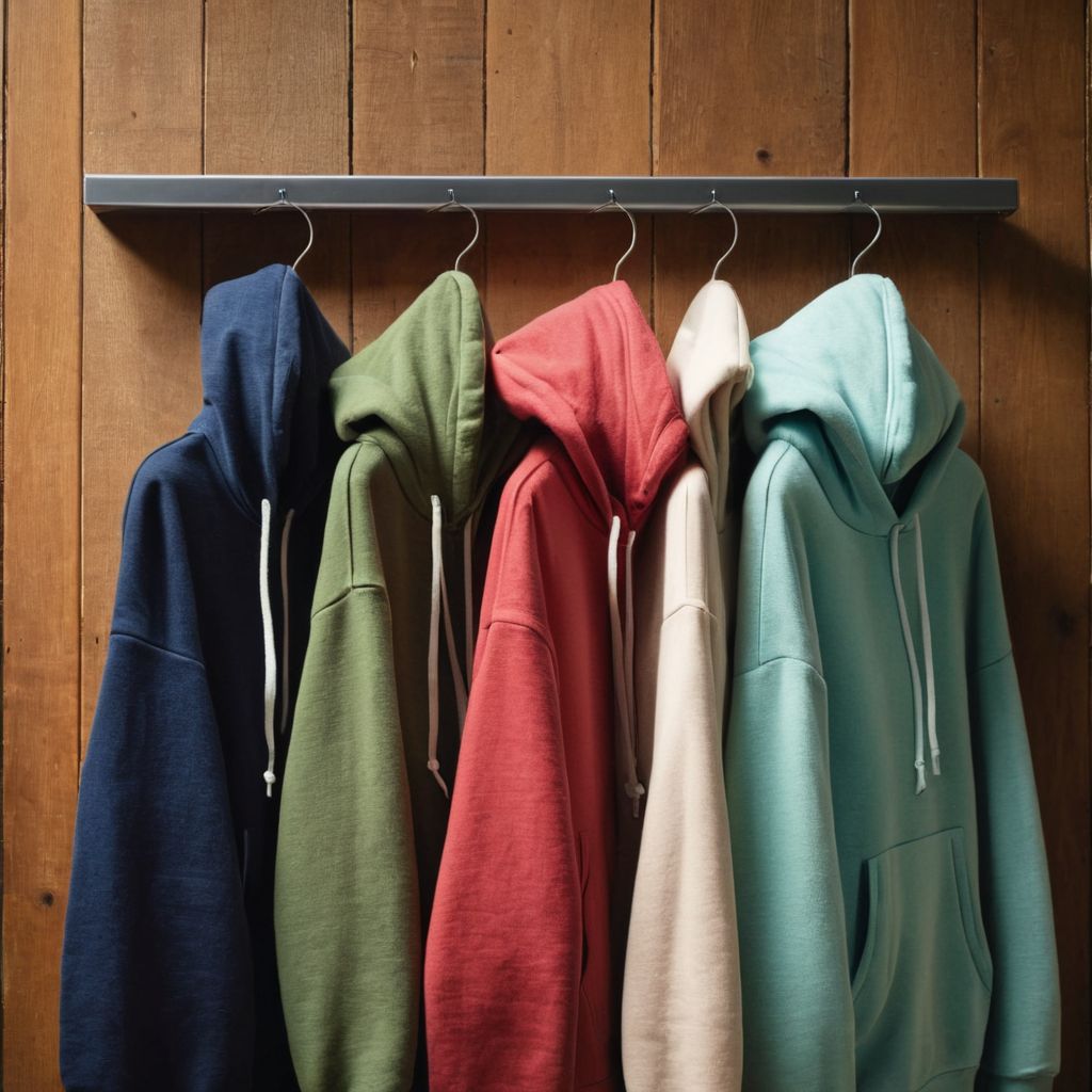 A collection of soft, fashionable hoodies in various colors neatly folded on a wooden surface, the image captures their plush textures and trendy designs in a cozy indoor setting with warm lighting, Photographic, Photography using a medium telephoto lens and ambient lighting.