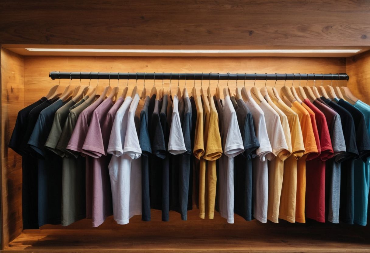 A variety of colorful and uniquely designed band t-shirts displayed on a wooden rack in a boutique-style setting, with soft ambient lighting enhancing the textures and colors, Photographic, Photography with sharp focus and a medium shot to capture the intricate designs.