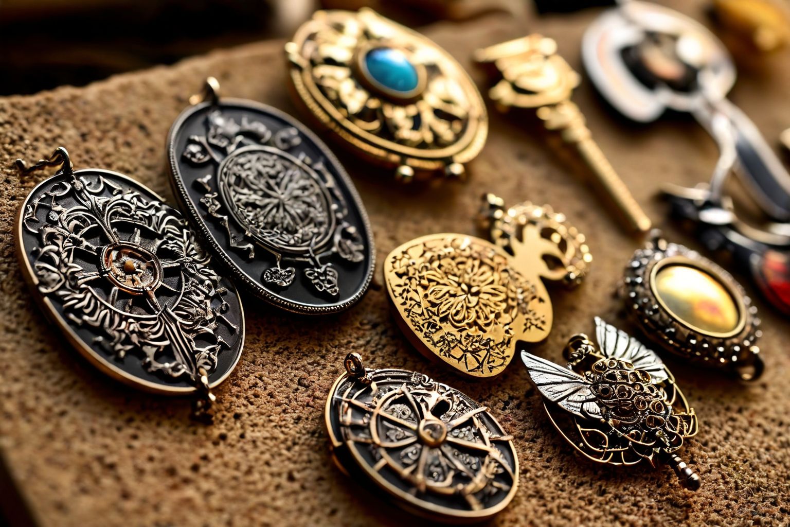 A collection of unique band pins displayed on a cork board, each pin featuring intricate designs, photographed under soft studio lighting, Photographic, Photography with a macro lens to emphasize the fine details and metallic sheen.