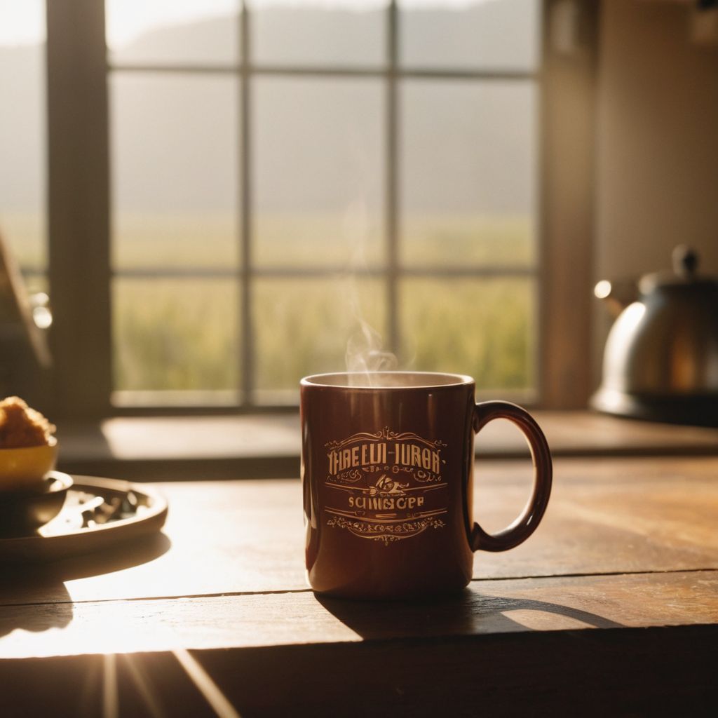 A cozy scene of a band-themed mug filled with coffee on a kitchen table, with morning sunlight streaming in, creating a warm, inviting atmosphere, Photographic, Photography with a close-up shot to capture the mug's design and the cozy vibe.