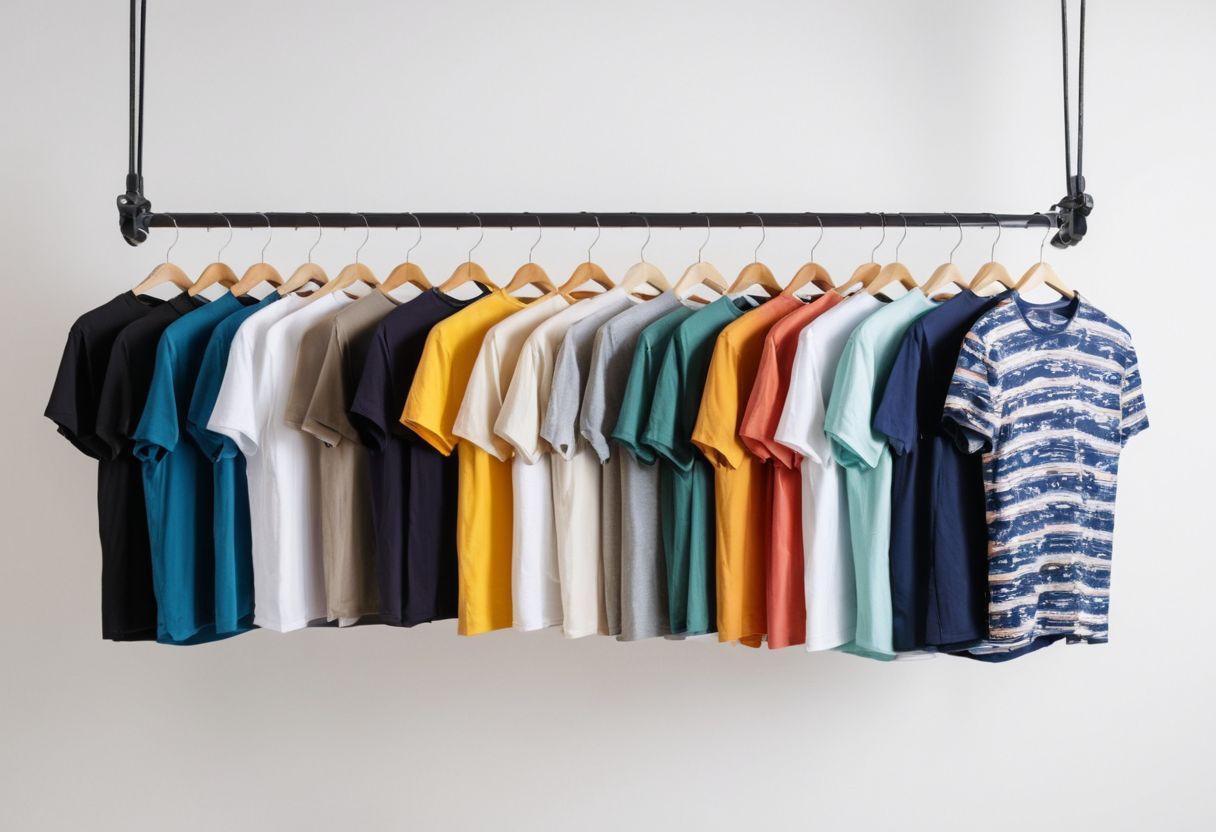 Array of t-shirts with different prints displayed on hangers against a clean, white background, bright and colorful setting, Photographic, High resolution with a wide angle lens.