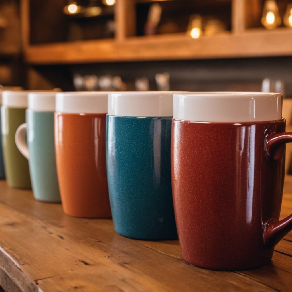 Variety of custom-designed mugs arranged on a wooden table in a cozy cafe setting, warm and inviting atmosphere, Photographic, Close-up with a macro lens.