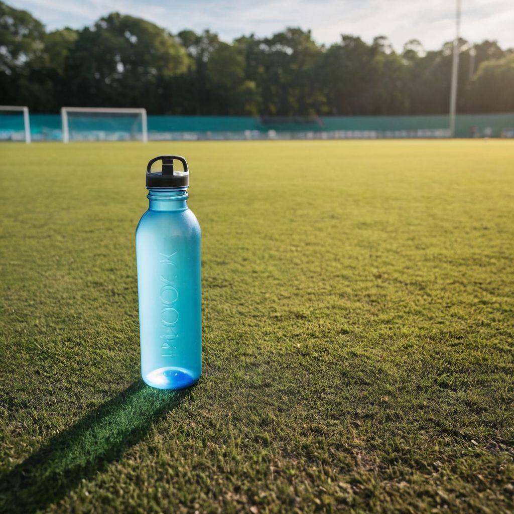 Custom water bottles arranged on a sports field, showcasing durability and design, outdoor setting with vibrant natural scenery, Photographic, High resolution with a sharp focus lens.
