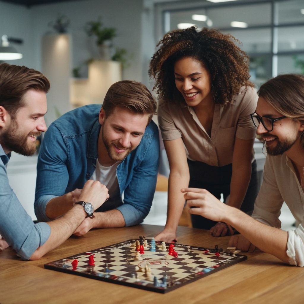 Group of coworkers playing board games in a casual office setting, lively and engaged participants enjoying a strategic game, fun and cooperative mood, Photographic, Photography with bright indoor lighting and a close-up view to capture expressions and teamwork.