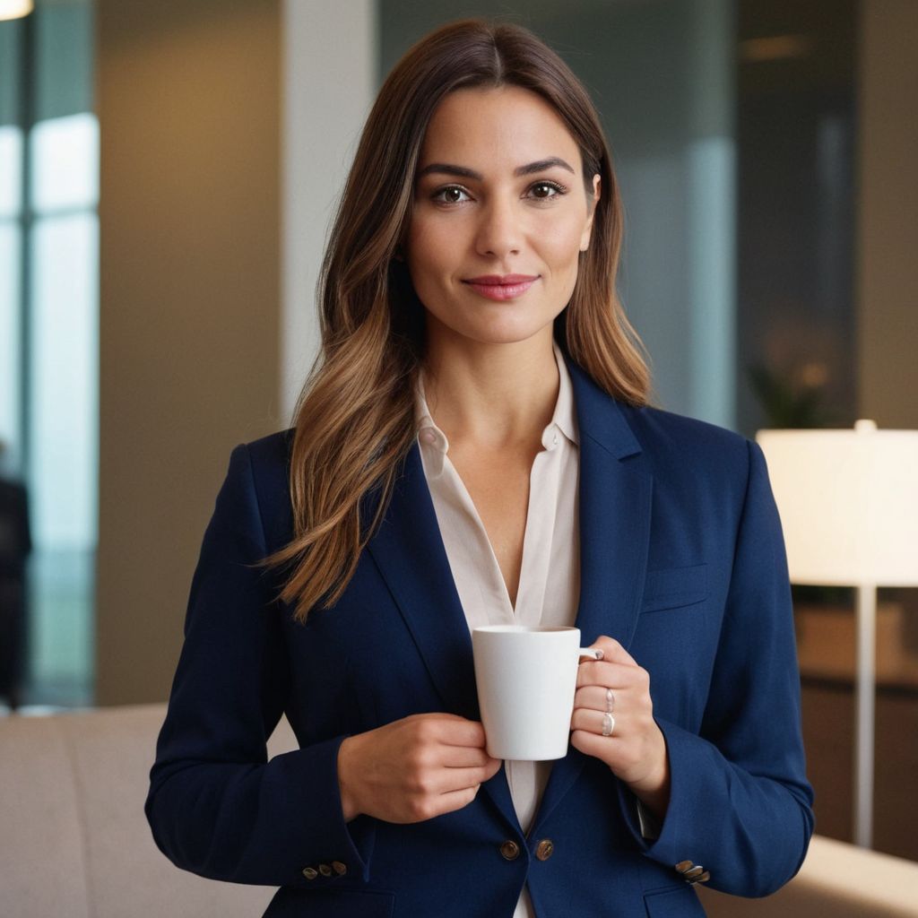 A woman dressed in a chic smart casual outfit, holding a coffee cup in an office lounge, with a relaxed yet professional demeanor, Photographic, taken with vibrant color settings and a clear focus.