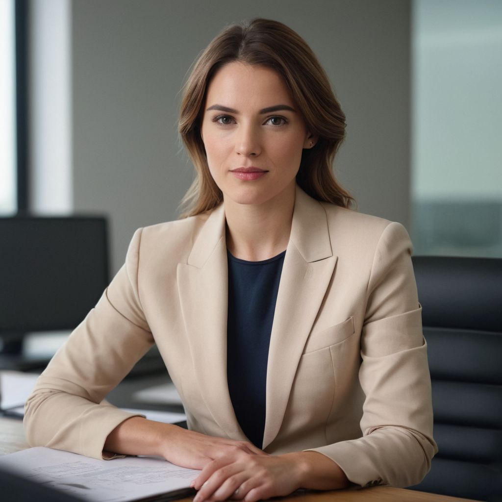 A professional woman wearing a smart casual outfit, consisting of a blazer and tailored pants, sitting at an office desk, with a sophisticated and approachable look, Photographic, using a medium telephoto lens and natural office lighting.