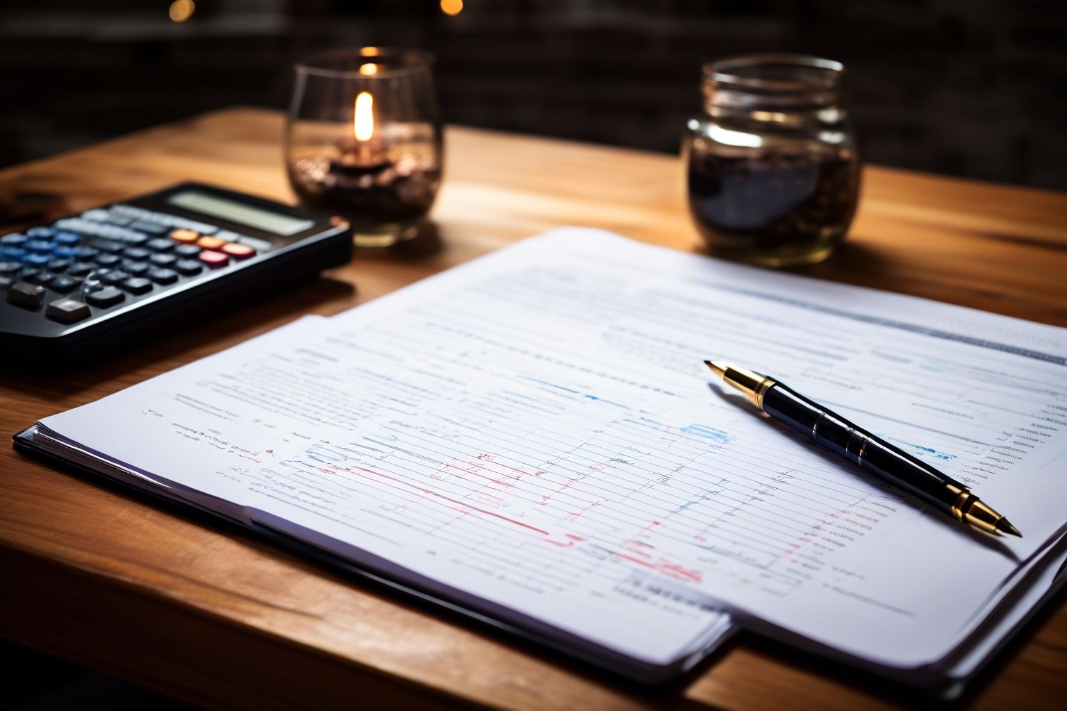 A business plan document open on a wooden table with a pen and calculator beside it, with ambient lighting and focus on the document, Photographic, shot with a 50mm lens in a soft light environment.