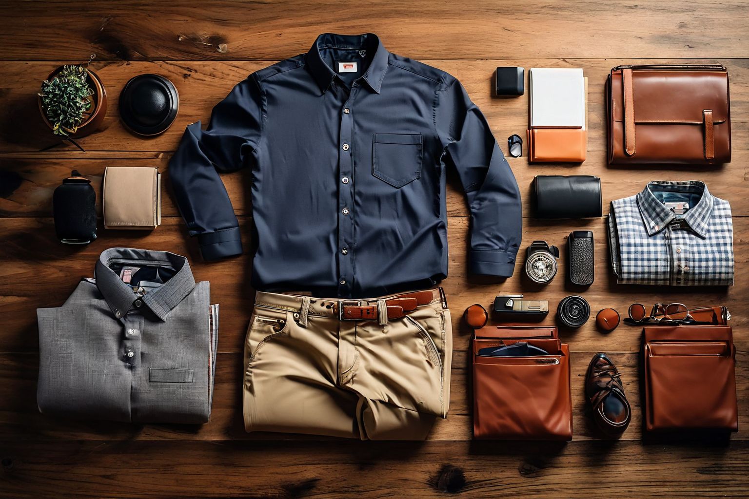 A neatly organized set of casual office wear laid out on a wooden surface, a variety of shirts, trousers, and accessories neatly arranged to show diversity in office casual attire, in a well-lit indoor setting with a clean and professional look, Photographic, Photography using a Nikon D850, macro lens, studio lighting to highlight textures and colors.