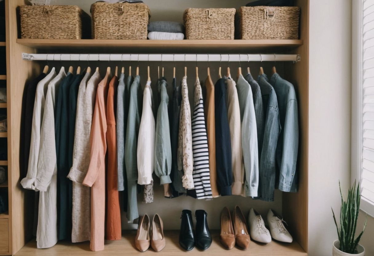 A neatly organized wardrobe with various neat casual outfits hanging, showing different colors and styles, in a bright and airy closet, captured in a highly detailed, photographic style, using a medium telephoto lens for clarity.