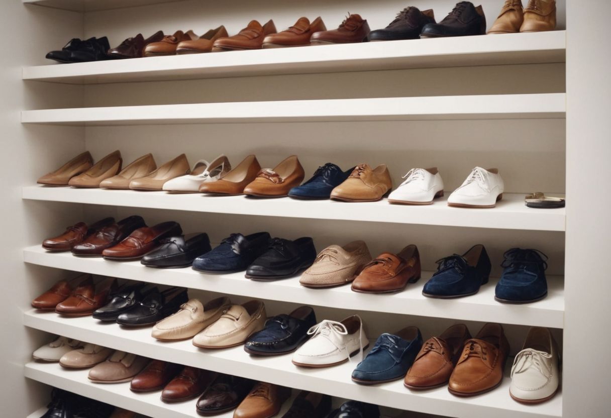 A selection of stylish shoes suitable for neat casual attire, displayed on a clean white shelf, with soft ambient lighting, captured in a highly detailed, photographic style, using a macro lens for texture details.