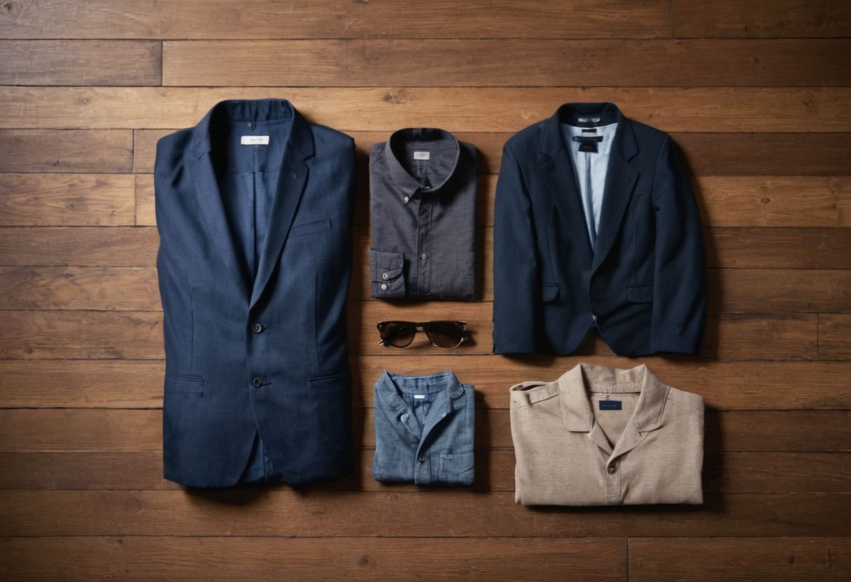 A collection of neat casual clothing items, neatly arranged on a wooden surface, including shirts, trousers, and a blazer, under soft studio lighting, captured in a highly detailed, photographic style, using a macro lens for detailed textures.