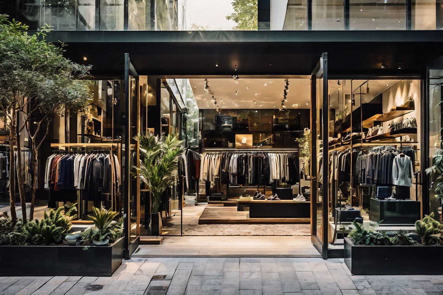 A neat and stylish boutique store facade showcasing a display of smart casual professional clothing, Photographic, Photography with a wide-angle lens capturing the store's ambiance in natural light.