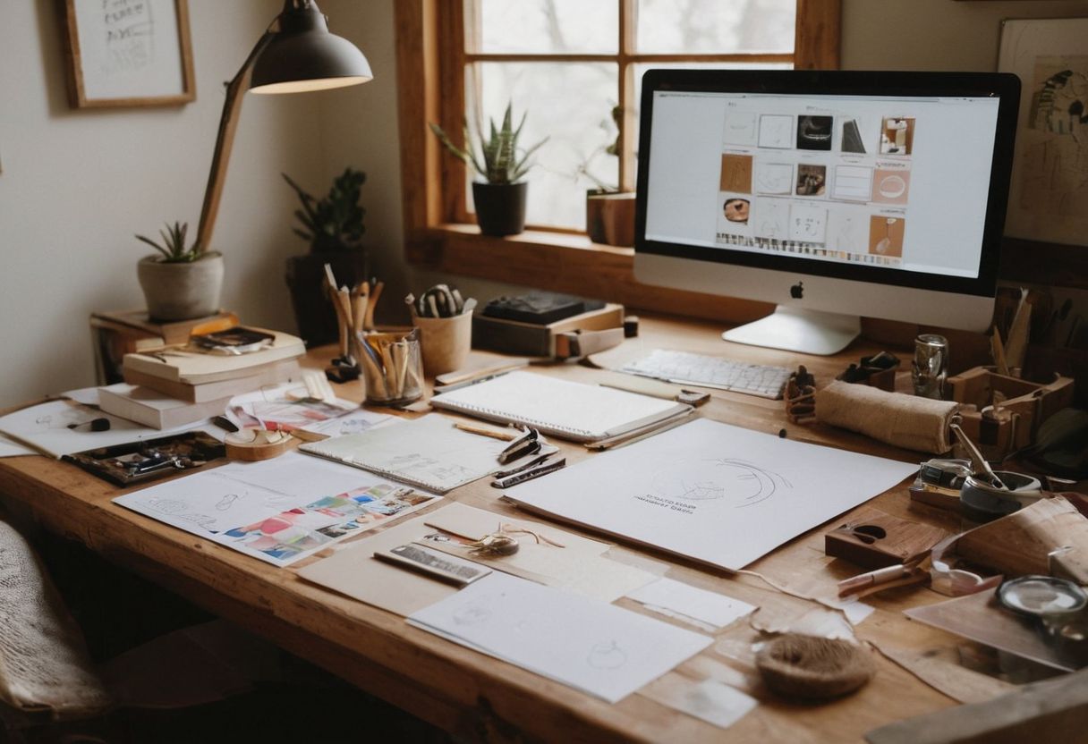 A creative workspace with budget-friendly branding materials, including sketches and color palettes, a cozy and inspiring setting, Photographic, Photography capturing the essence of a small business branding process with natural light and a focus on details.