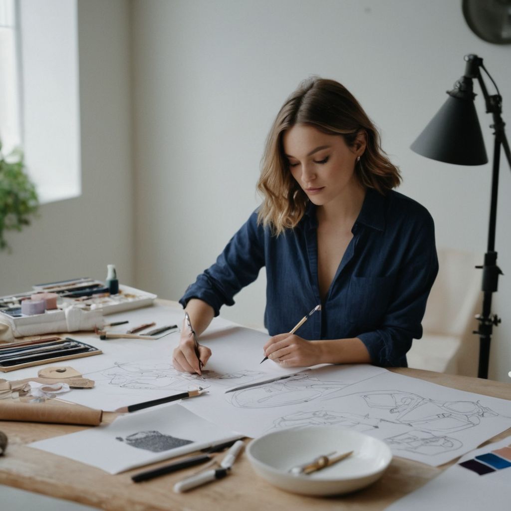 A fashion designer sketching smart casual designs in a modern studio with sketches and fabric samples around, Photographic, Photography in a well-lit studio capturing the creative process.