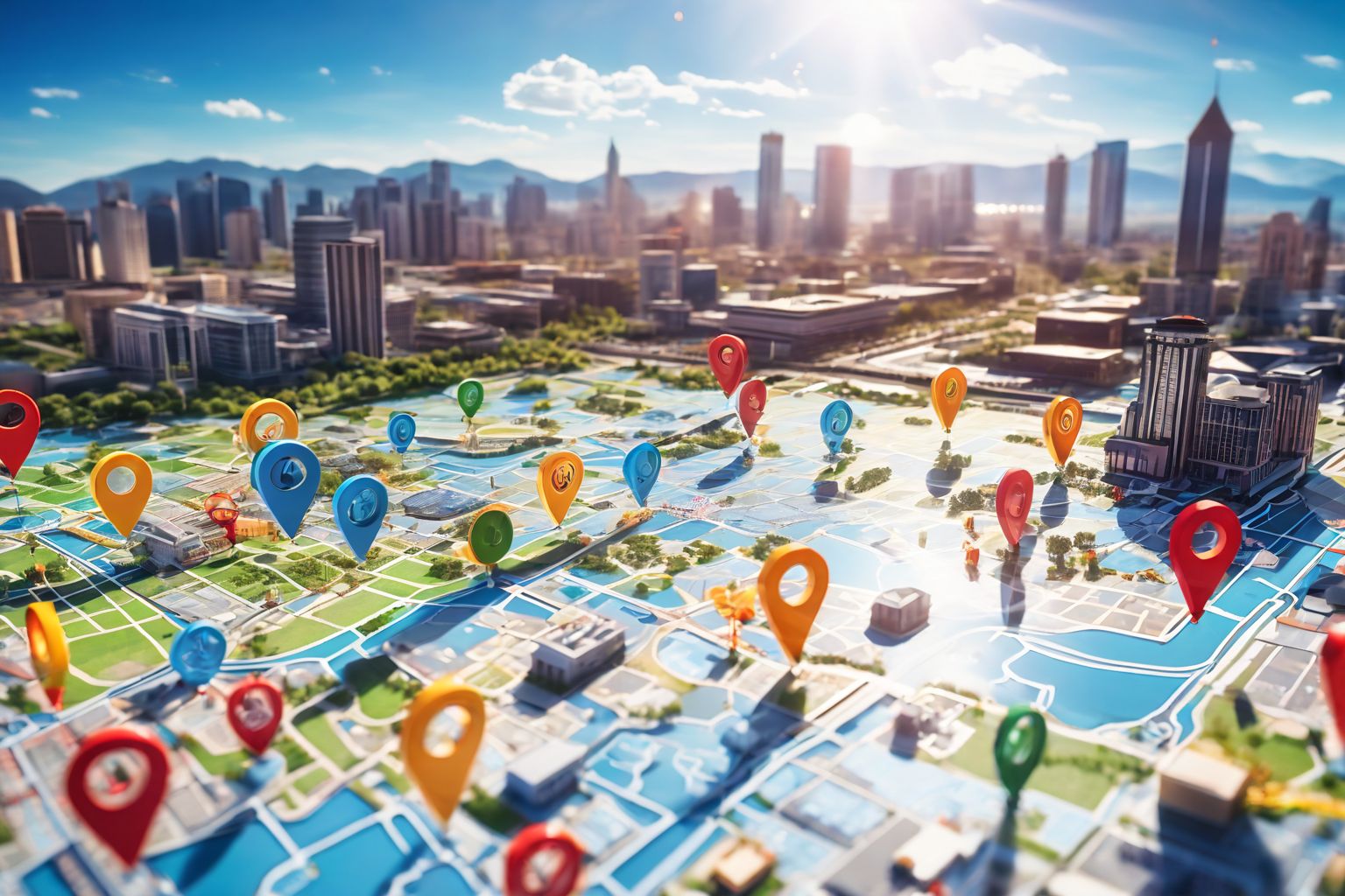 Map with location pins over a city, representing local SEO strategy for small businesses, with a clear, sunny day background, Photographic style, taken in a close-up shot with detailed cityscape, high resolution.