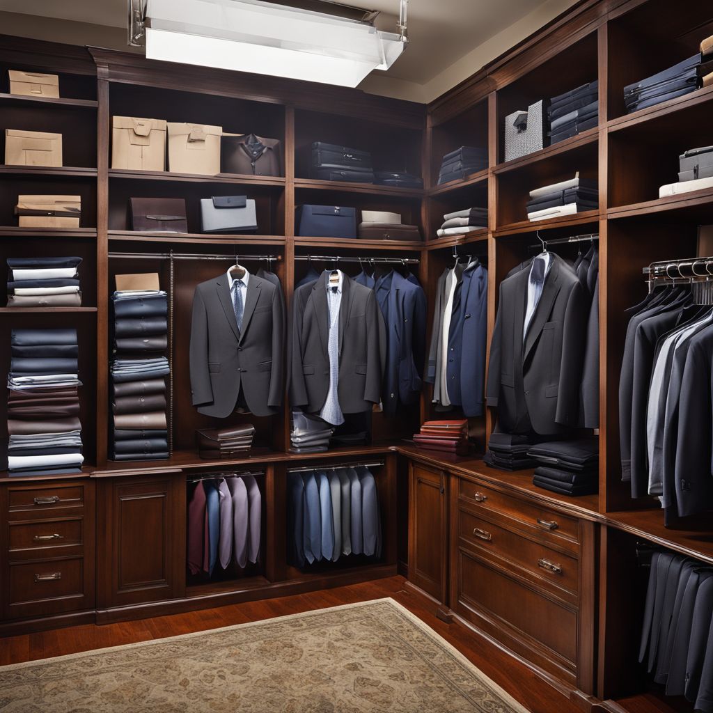 An array of business attire including suits, casual shirts, and blazers neatly arranged in an office environment, displayed in a clean, organized fashion, Photographic, realized through a detailed high-resolution photograph with soft studio lighting.