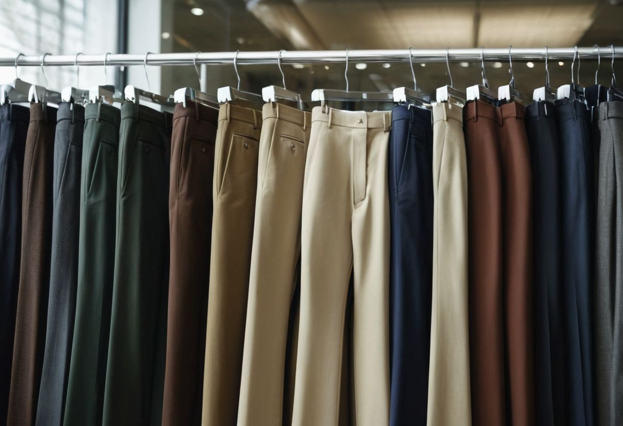 A selection of professional trousers displayed in a retail or office setting, emphasizing their fit and fabric, Photographic, captured in high detail with natural lighting.