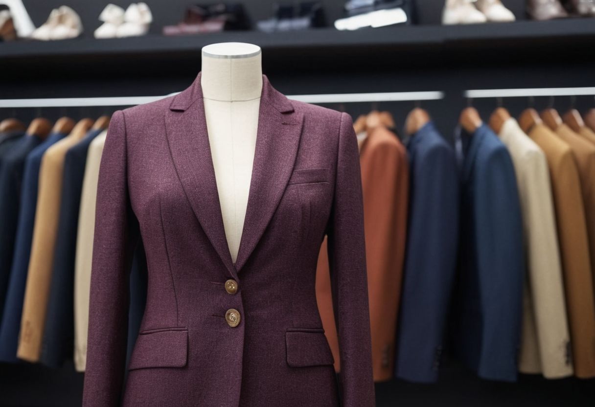 An elegant blazer displayed on a mannequin in a professional store setting, with focus on the texture and cut, Photographic, captured in high resolution with a sharp focus lens.